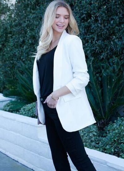 OFF WHITE TUCKED SLEEVE BLAZER WITH POCKET DETAIL - Fashion Bop