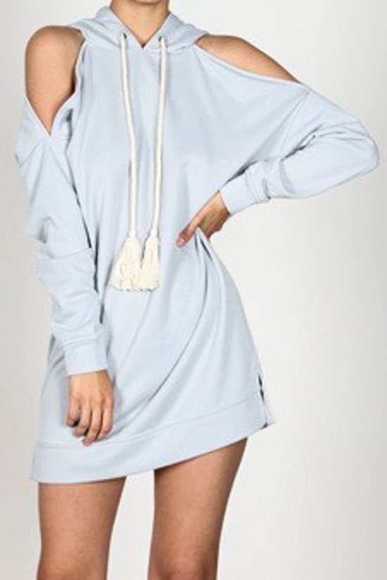 Baby Blue Sweatshirt Dress With Cold Shoulder - Fashion Bop