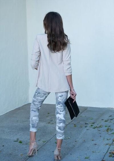 NUDE RUCHED SLEEVE BLAZER - Fashion Bop