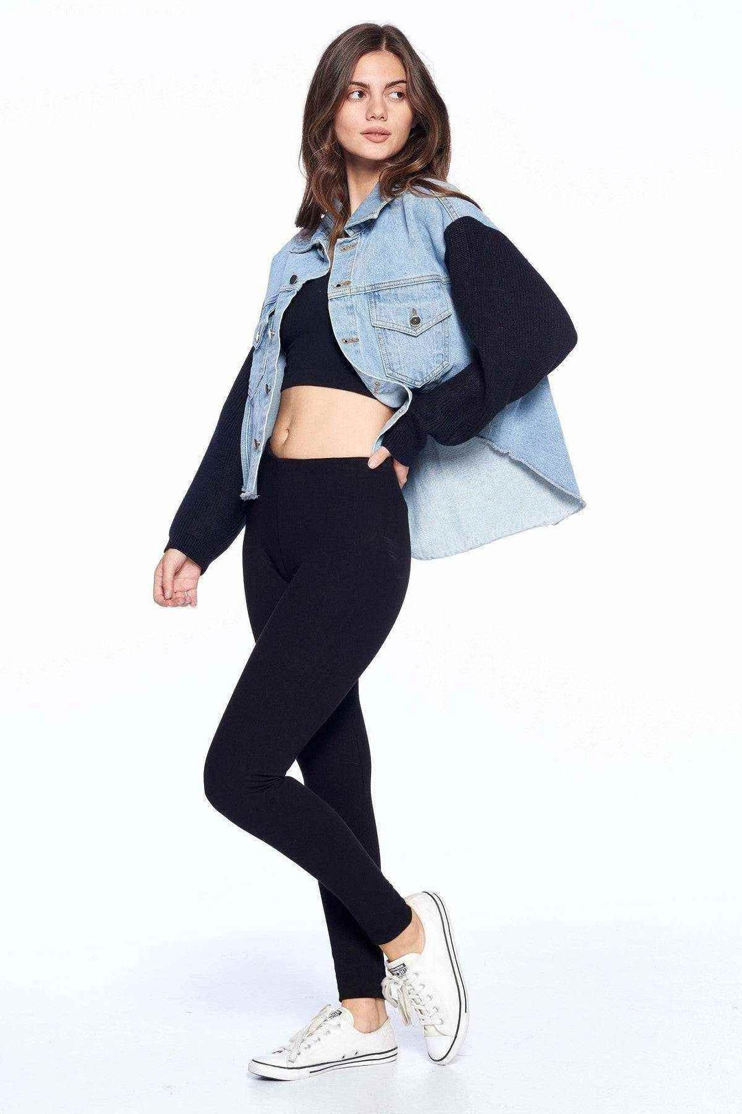 Oversized Denim Jacket With Knit Sleeves - Fashion Bop